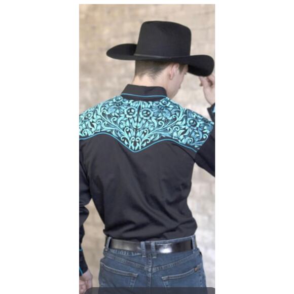 Rockmount Ranch Wear Men’s Vintage Tooling Western Shirt Black/Turquoise Size S - Picture 2 of 11